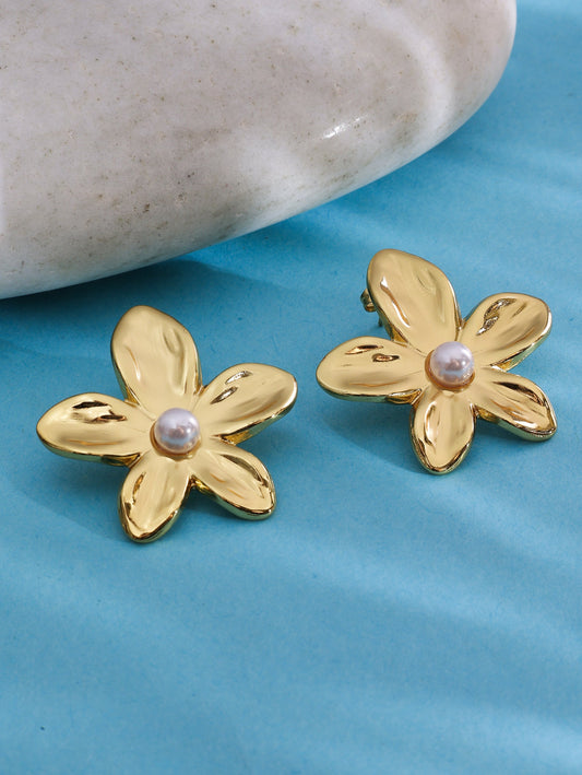 Floral Stud Earrings With Pearl Center