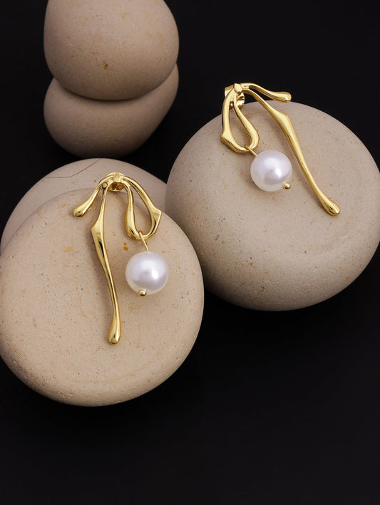 Gold Ribbon Pearl Earrings
