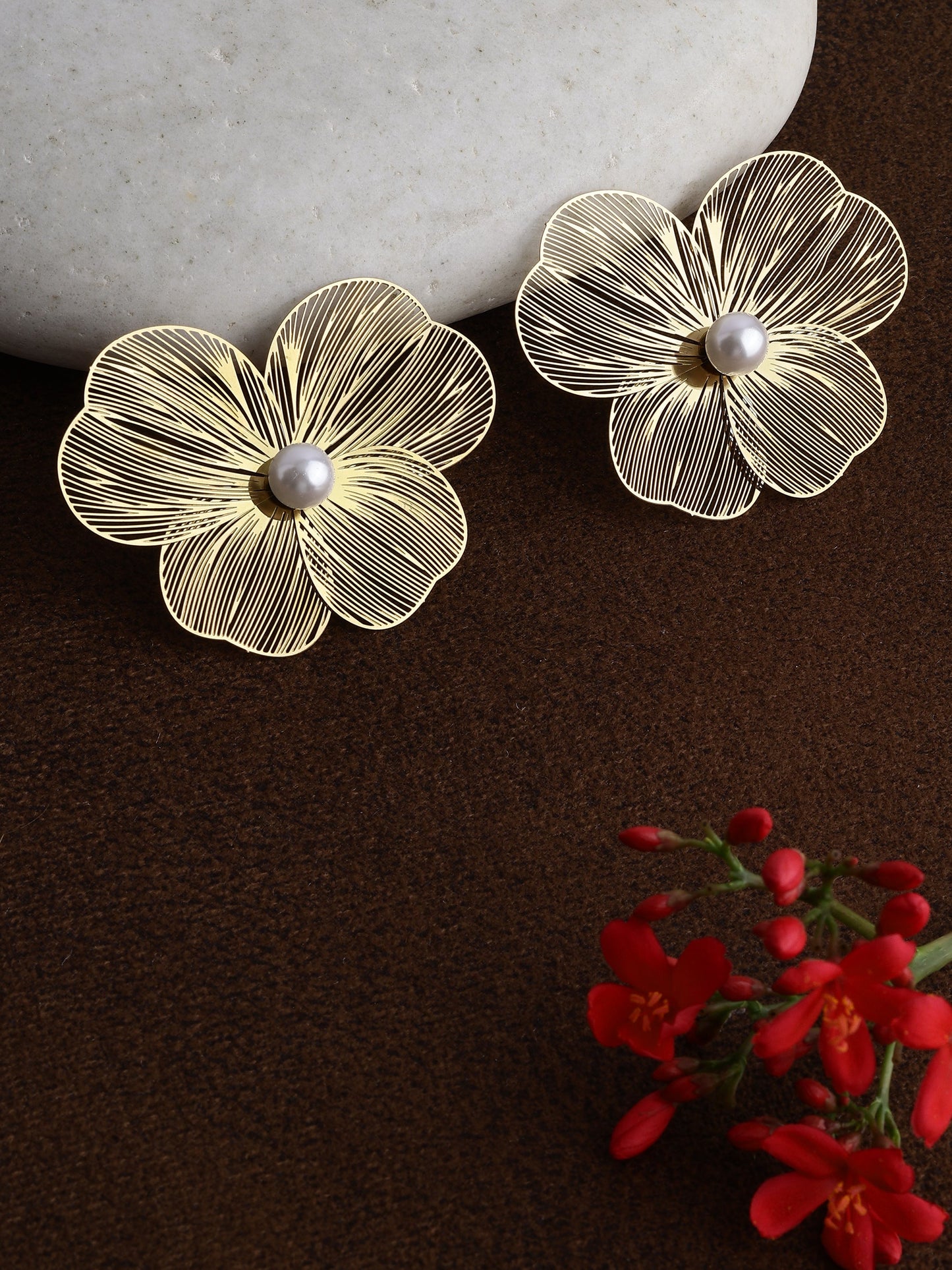 Golden Filigree Blossom Earrings With Pearl Center
