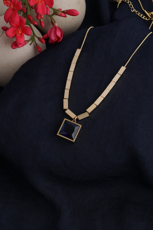 Gold-Plated Geometric Blue Stone Pendant Necklace