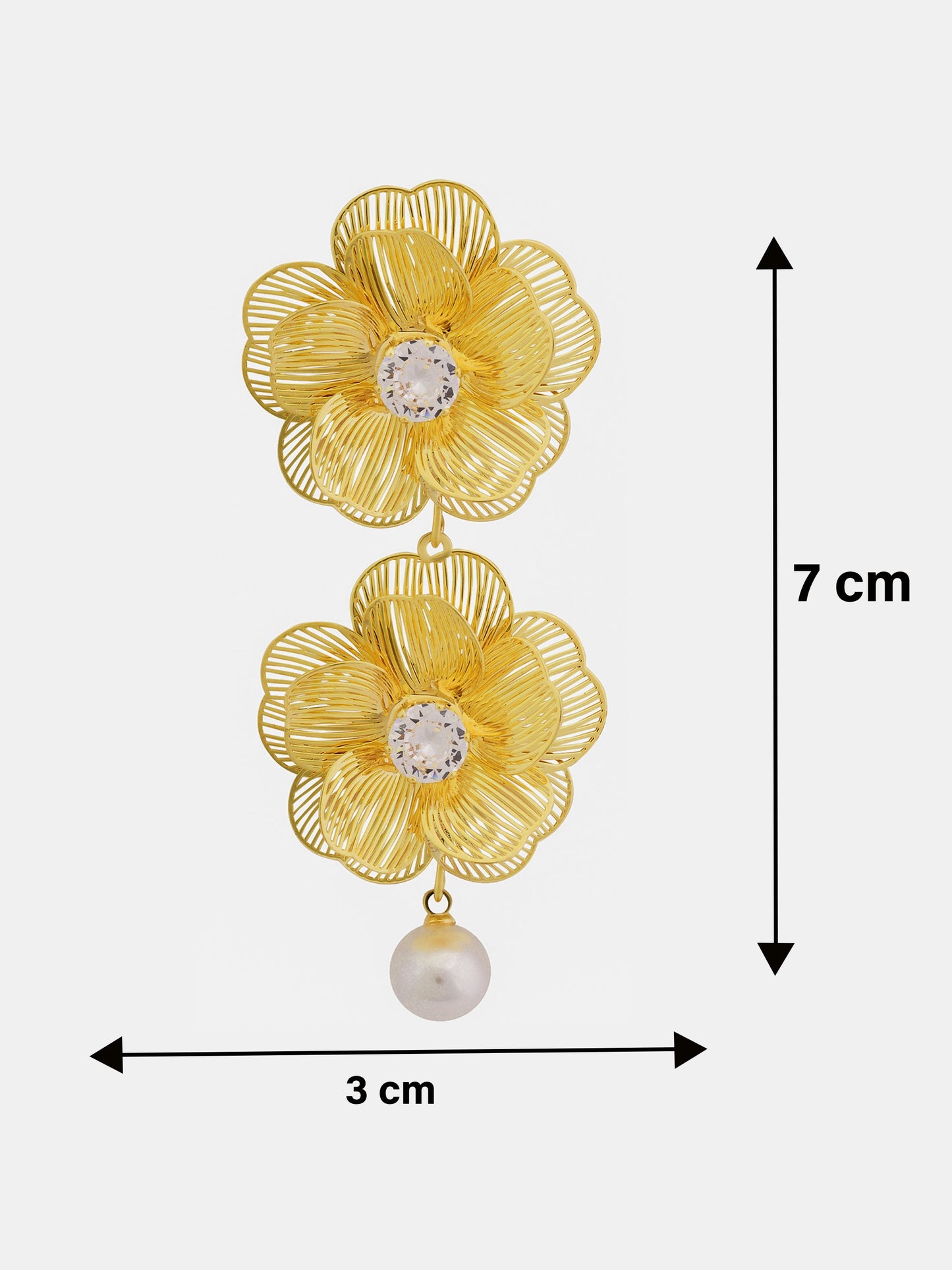 Golden Flower Drop Earrings With Crystal & Pearl