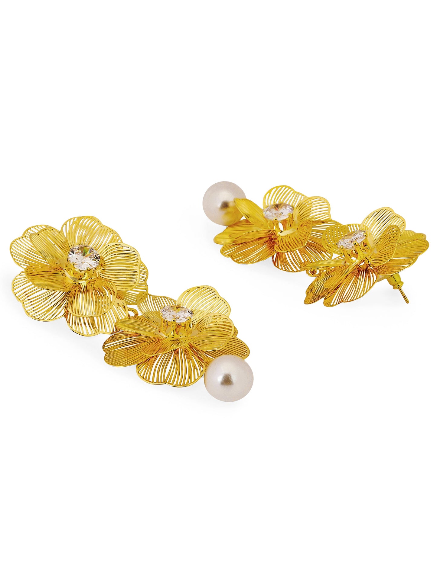 Golden Flower Drop Earrings With Crystal & Pearl