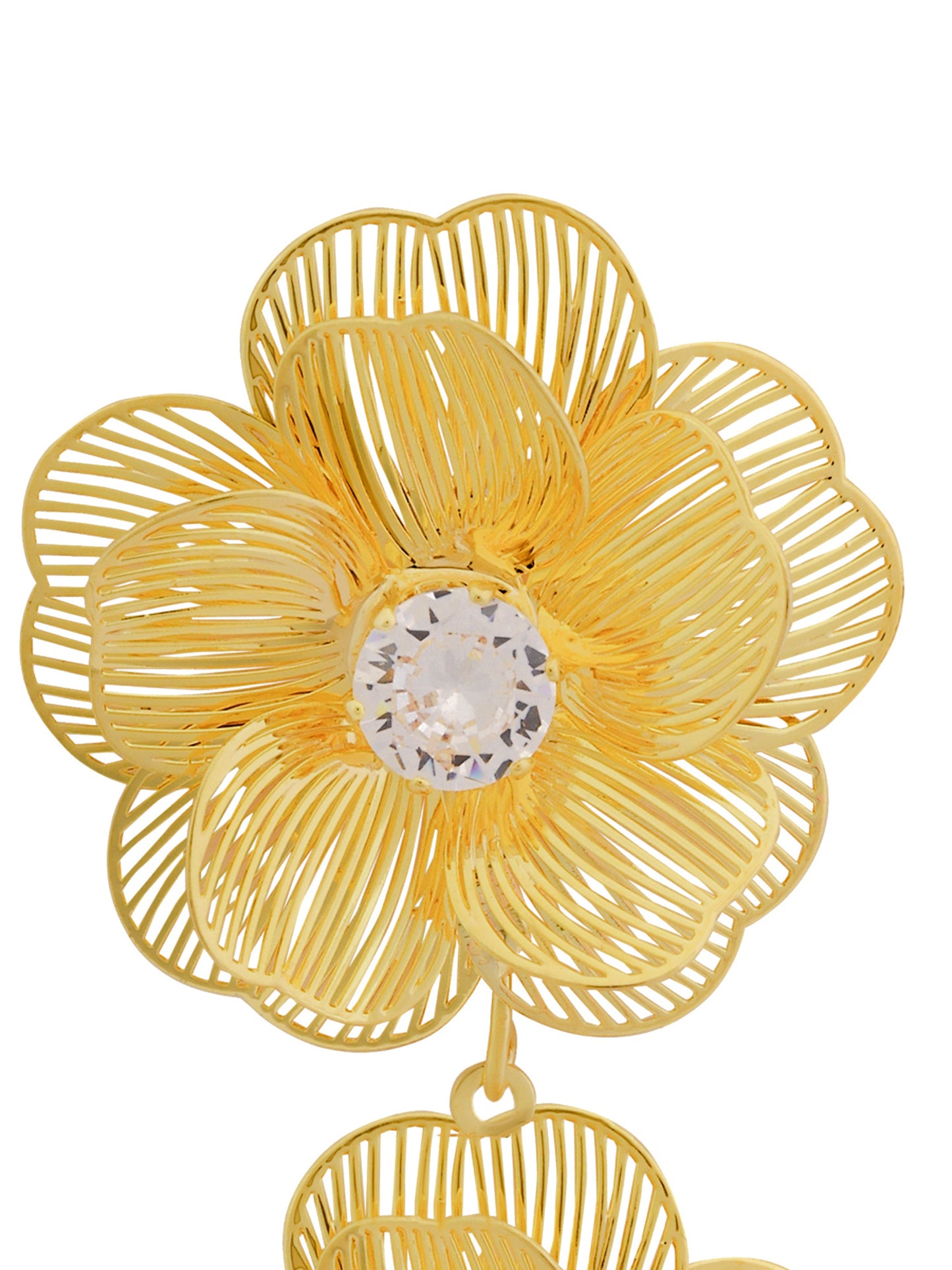 Golden Flower Drop Earrings With Crystal & Pearl
