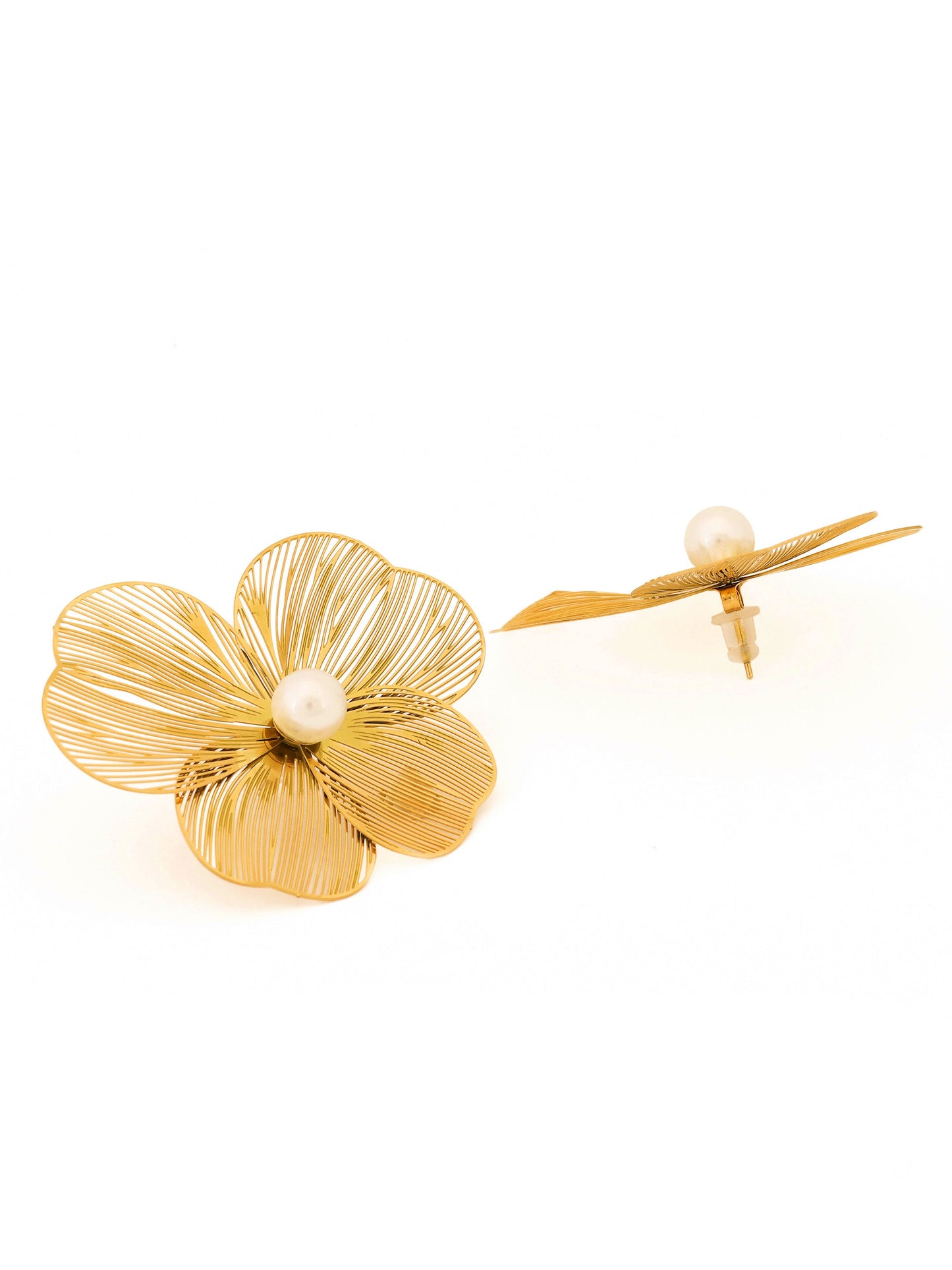 Golden Filigree Blossom Earrings With Pearl Center
