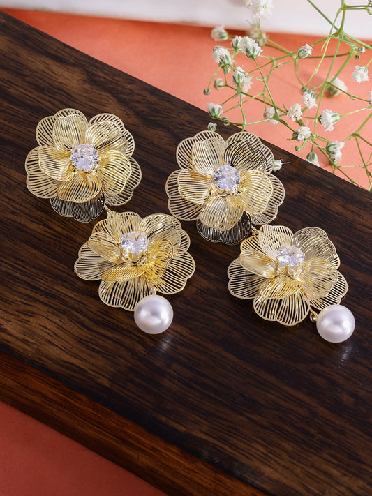 Golden Flower Drop Earrings With Crystal & Pearl
