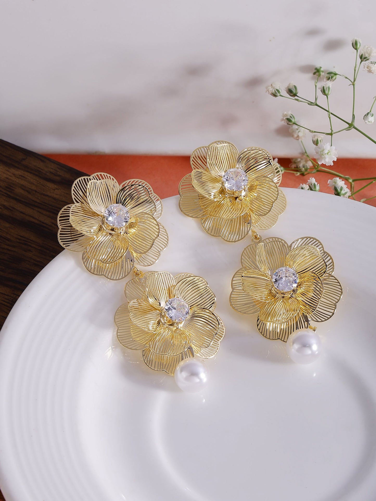 Golden Flower Drop Earrings With Crystal & Pearl